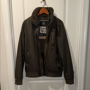 Superdry Olive Green Bomber Jacket with Fleece Collar